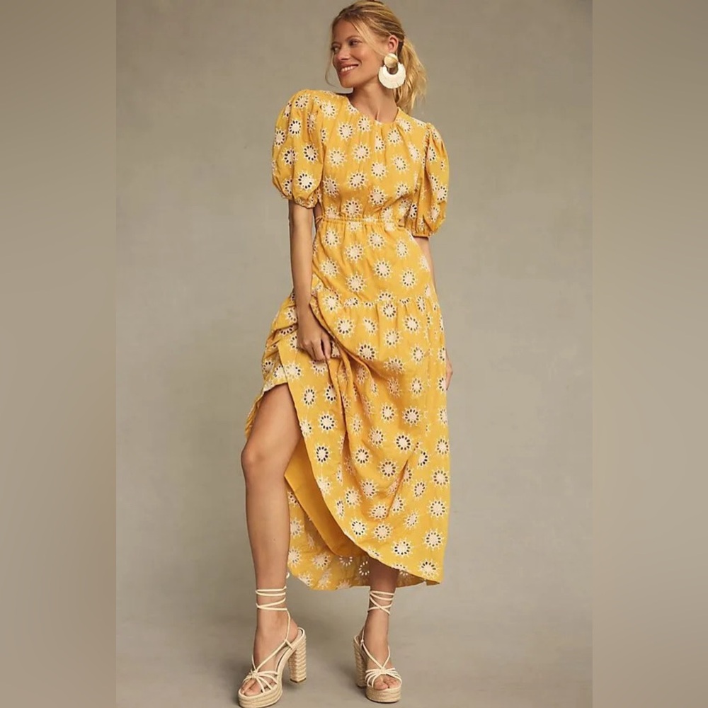 🌻NWT Anthropologie En Saison Puff-Sleeve Tiered Embroidered Dress
